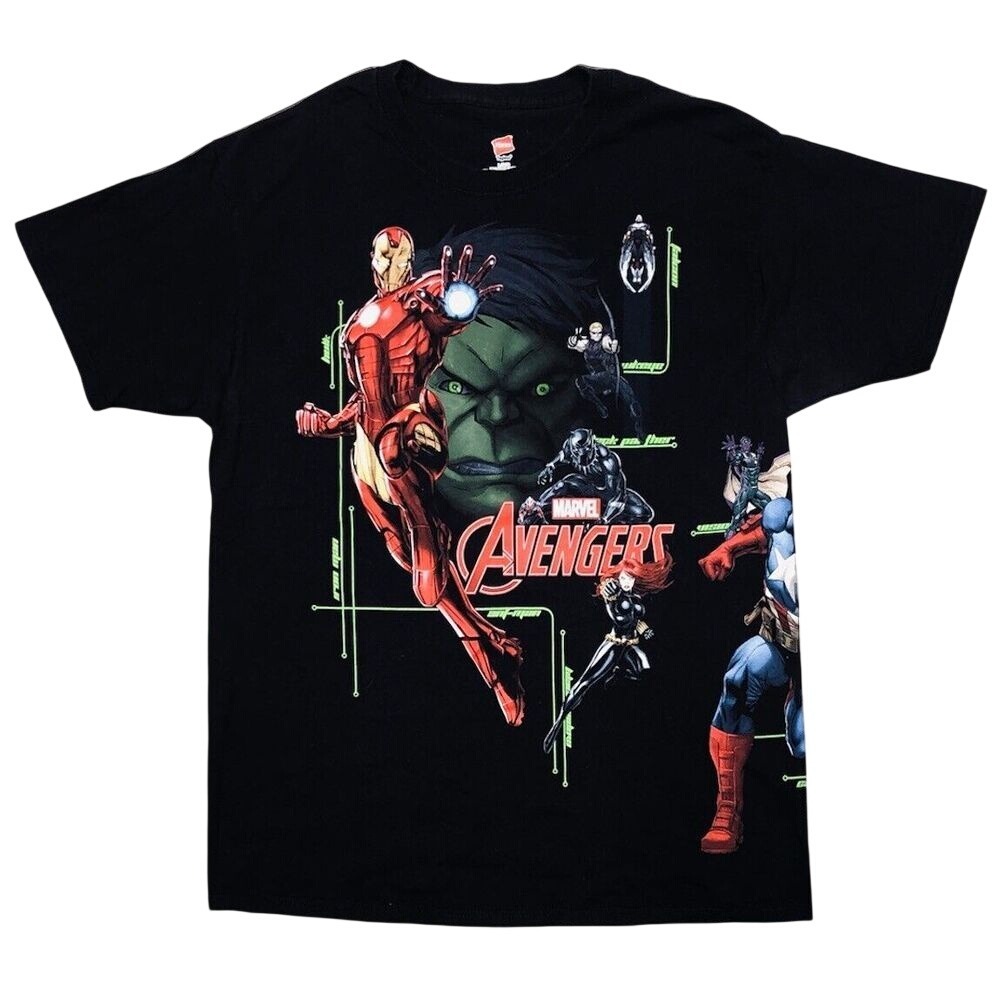Marvel Avengers T Shirt L Black‎ Wrap Print Captain America Hulk Black Panther